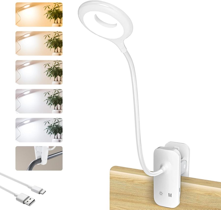 Clip on Reading Light for Bed Headboard, Rechargeable Battery Clamp on Bunk Bed Light, 5 Colors 5 Brightness Flexible Neck Desk Lamp, Eye Protect LED Touch Control Book Lights at Night for Kids