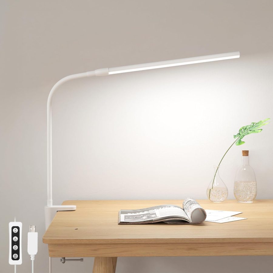 Small Desk Lamp with Clamp, LED Reading Lamp with 3 Color Modes 10 Brightness, Dimmable USB Clip on desk light with Gooseneck Swing Arm for Bed Headboard, Workbench, Home Office and Nail (White)