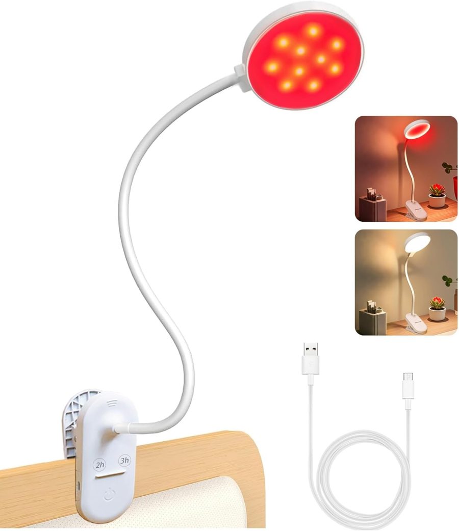 Reading Lights for Books in Bed, Clip on Light with Timer & Dimmable, Rechargeable Eye Care Red Night Light for Desk, Laptop, Table, Headboard