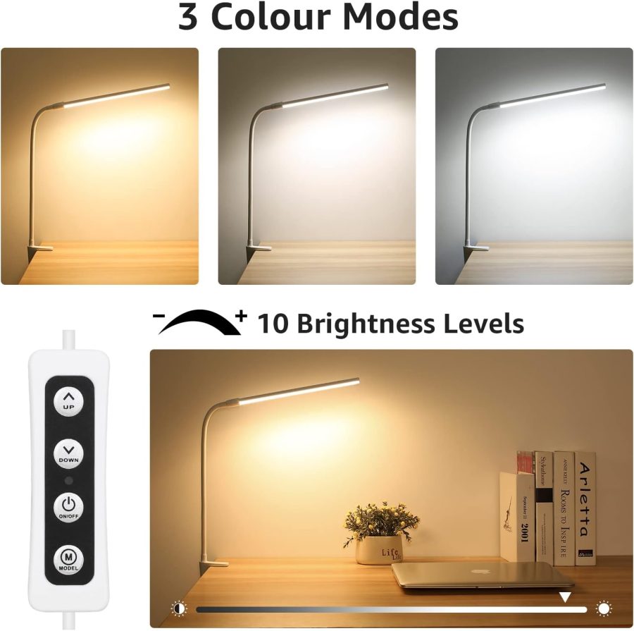 Small Desk Lamp with Clamp, LED Reading Lamp with 3 Color Modes 10 Brightness, Dimmable USB Clip on desk light with Gooseneck Swing Arm for Bed Headboard, Workbench, Home Office and Nail (White) - Image 2