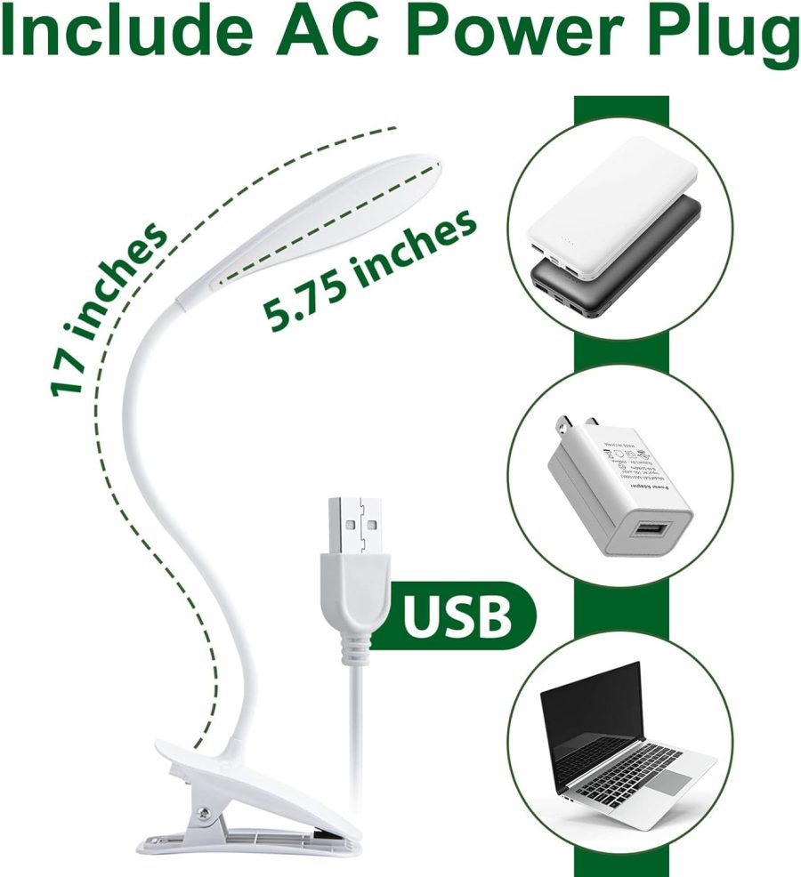 LED Desk Lamp Eye-Caring Clamp Light Clamp Lamps Reading Lights with USB Port, 360°Flexible Gooseneck Bed Night Light (Include AC Power Plug) - Image 2