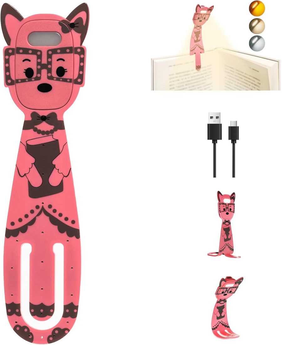 Rechargeable Book Lights for Reading at Night Portable Bookmark & Clip On USB Booklight for Readers in Bed Adjustable Brightness Small Cute LED Bedside Reading Lamp for Travel (Pink)