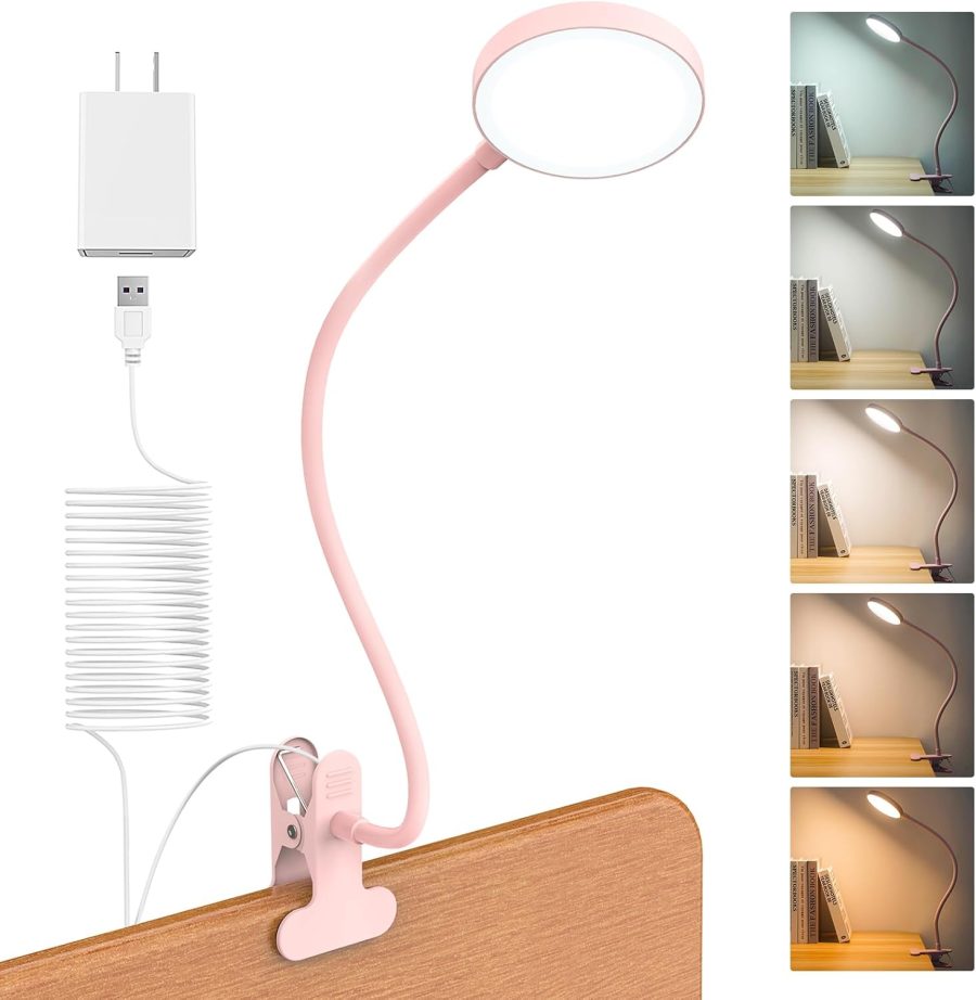 Desk Lamp Clip on Light 8W 66 LED Reading Light for Bed, 5 Colors 10 Dimming Levels, Eye Caring Metal Reading Lamp, Clip lamp for Bed Headboard Home Office (Pink)