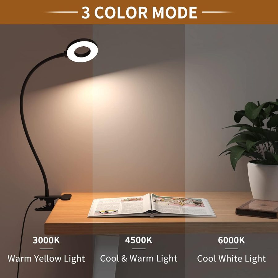 Desk Lamp, [3 Color Modes & 10 Brightness] LED Reading Light with Clamp, Flexible Gooseneck Book Light for Kids Reading Book in Bed at Night Clip on Table, Headboard, Dorm - 15.8‘’ Black - Image 2