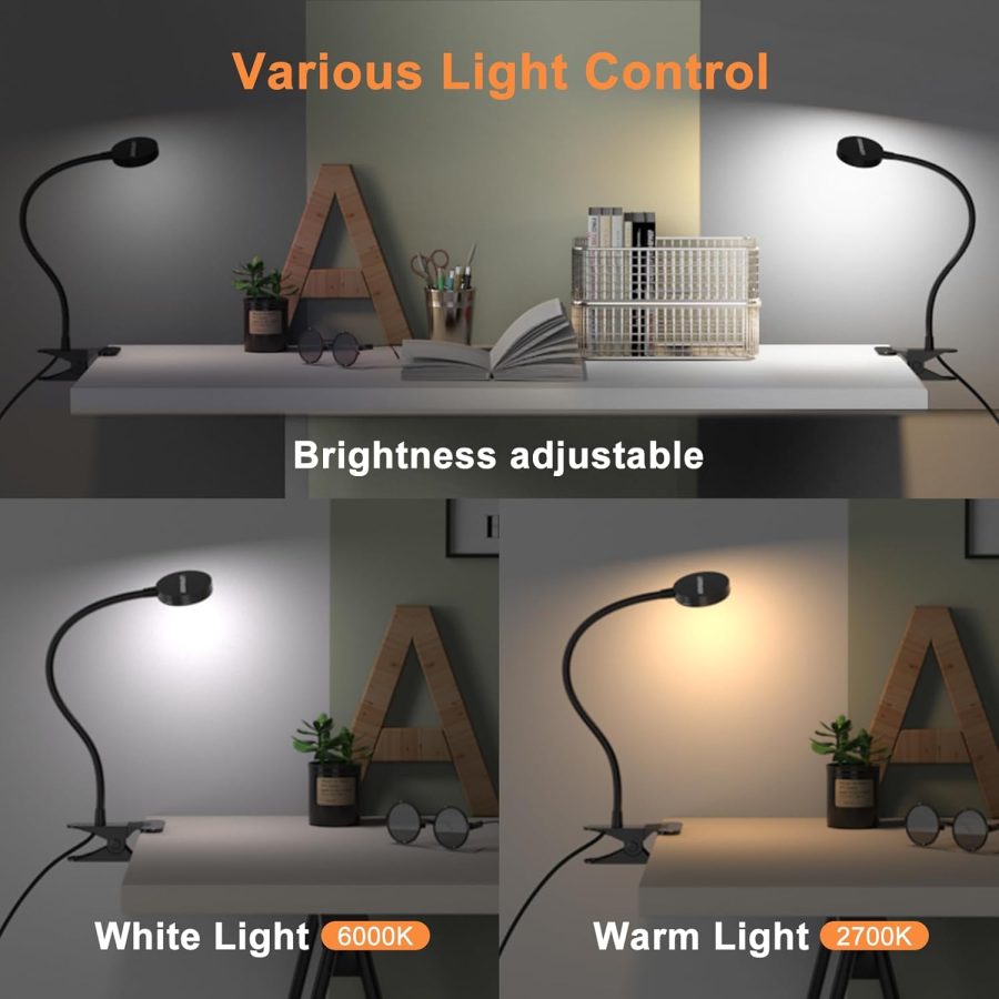 Clip on Light/Reading Lights/Book Lights/Desk Lamp Color Changeable/Night Light Clip on for Desk, Bed Headboard and Computers, Adapter Included (Black) - Image 2