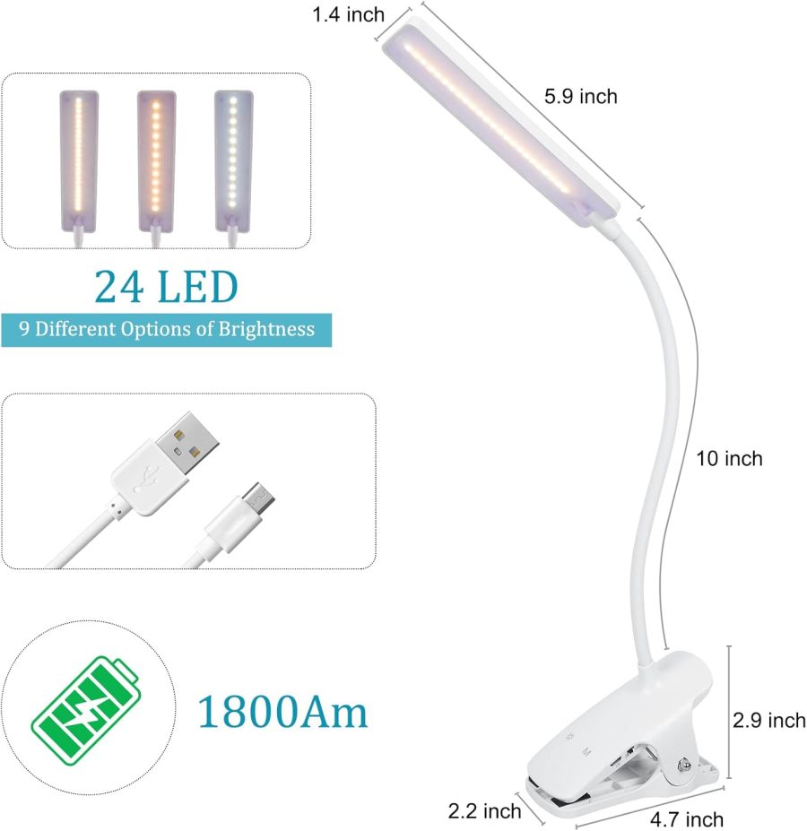 LED Reading Light with Clip USB Rechargeable Book Lights, Eye Protection 24 LEDs Flexible Neck Night Bed Lamp, Touch Control Portable Clamp Desk Lamps for Bed Headboard, Computers - Image 2