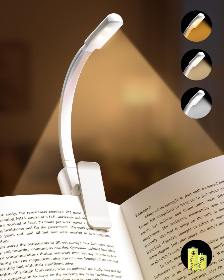 Book Light,Reading Lights for Books in Bed,AAA Battery Clip-On Led Reading Light with 3 Colors & Stepless Dimming,Portable and Ultra-Lightweight with Long Runtime(White)