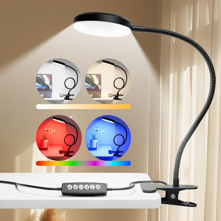 Desk Lamp with Clamp-10W，2-in-1 with RGB Ambient Light & Warm White Light,Book Reading Light Color Changeable/Flexible Gooseneck LED Lamps Clip on Bed Headboard and Computers 800LM-Black