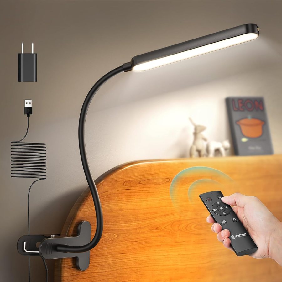 5W Multi-Purpose Clip On Light, 38 LED Eye Caring Reading Bed Lamp, 5 Color & 5 Brightness with a Remote, 30-Min Auto Off Timer, Perfect for Bed Reading/Studying/Working