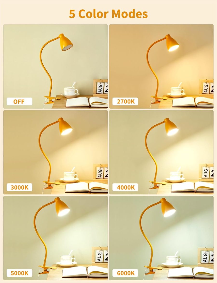 Clip on Light, 10W 38 LED Desk Lamp with Clamp, 5 Color 10 Brightness Auto Off Timer, Flexible Gooseneck Clip Lamp, Desk Lights for Office Home Bed Bedside Reading, Bright Yellow - Image 2