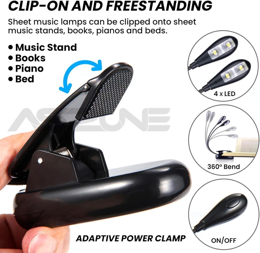 Music Stand Light 2Pack, Music Stand Light Clip On, Book Lights USB and AAA Battery Operated, Reading Lamp in Bed, 2 Brightness Levels, Ideal for Musician, Piano Player, Kids, Travel Dual Arm Black - Image 2