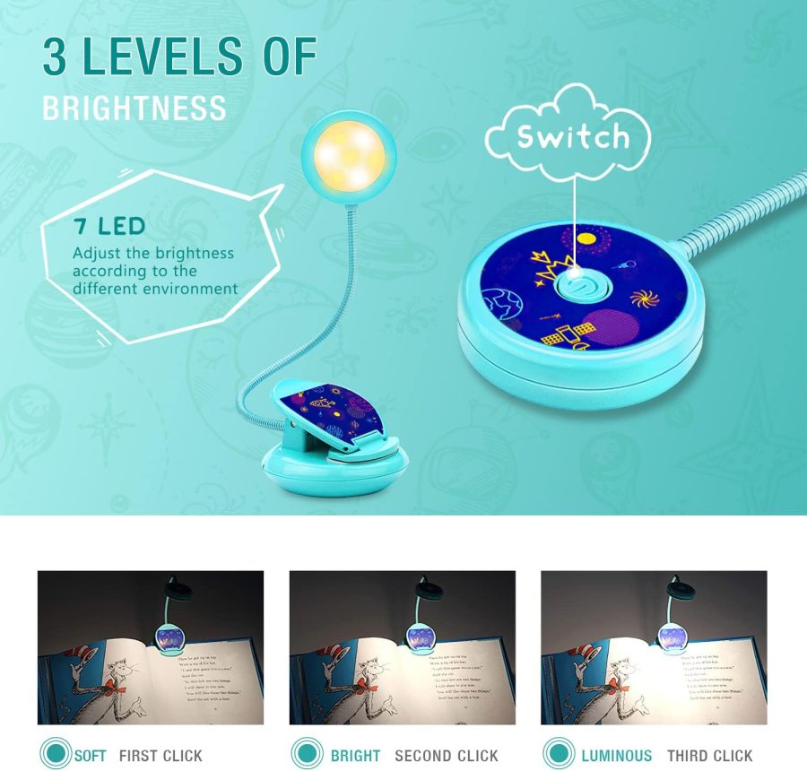 Cute Rechargeable Book Light,Eye Caring Reading Light for Kids Clip on, 3 Colors & 3 Brightness, 1.8oz Super Light Weight, Up to 40 Hours Reading. Great Gifts for Kids & Readers (Blue) - Image 2