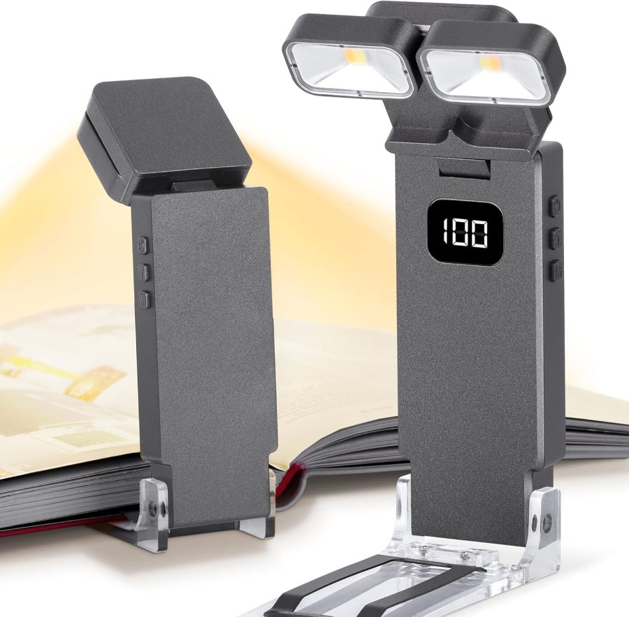 Book Light,1000mAh Dual-Heads Reading Light for Bedtime with Screen Display.Rechargeable Ultralight Clip on LED Bookmark Lamp with 5 Color,6 Brightness Levels,Timer Function.Black